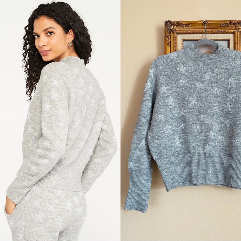 ANN TAYLOR NWT PETITE Gray Silver Metallic Star Shimmer Wool Mock Neck Sweater